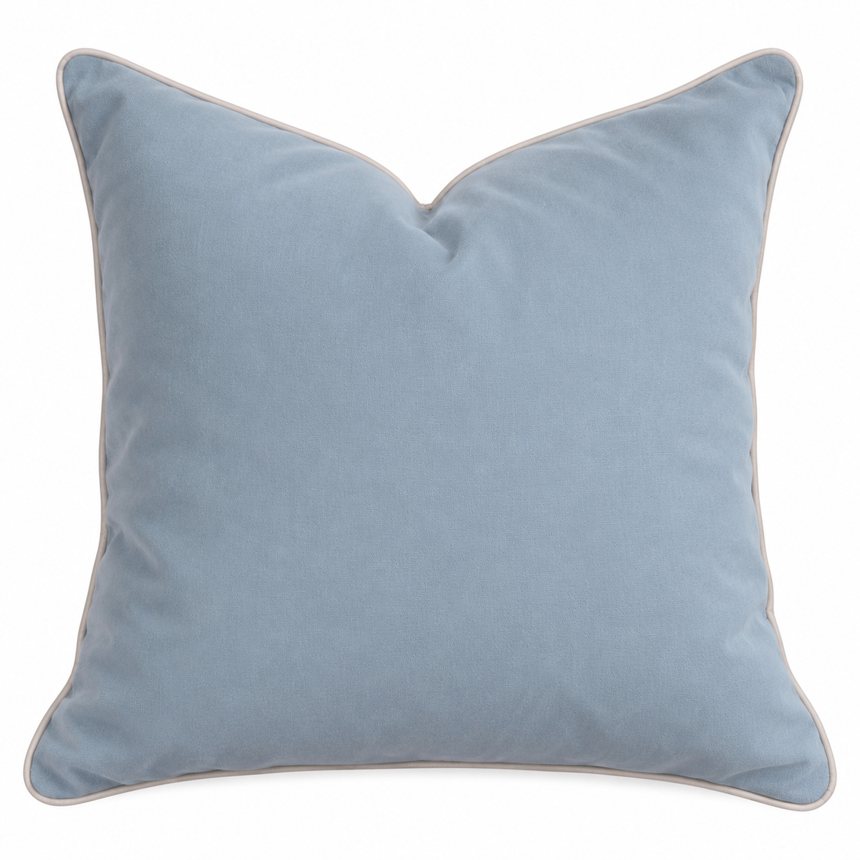 Rodeo Baby Blue 60cm velvet cushion cover with contrasting white piping and plush feather-style shape.