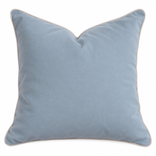 Rodeo Baby Blue 60cm velvet cushion cover with contrasting white piping and plush feather-style shape.