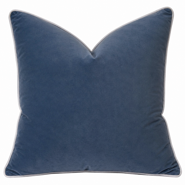 Rodeo Ocean Cushion 60cm in dusty blue velvet with contrast white piping