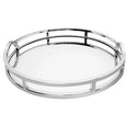 Round mirrored tray with chrome frame and arch handles on white background