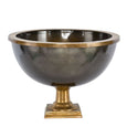 Round Footed Ice Bucket in antique brass with large metal bowl, pedestal base and stepped square foot.