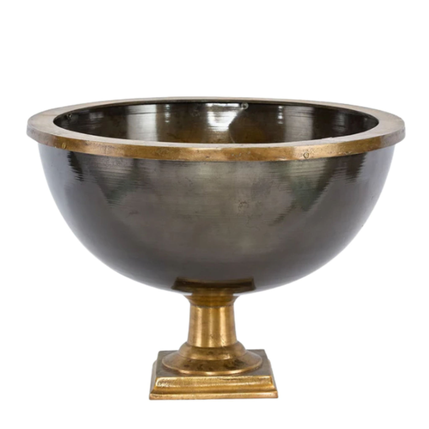 Round Footed Ice Bucket in antique brass with large metal bowl, pedestal base and stepped square foot.