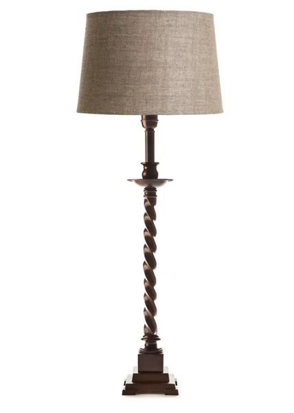 Roxbury twisted column table lamp in antique silver styled in a modern living room