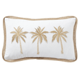 Royal Mirage Palms Lumbar Cushion featuring three embroidered palm trees on a white cotton cushion with natural woven trim edging.