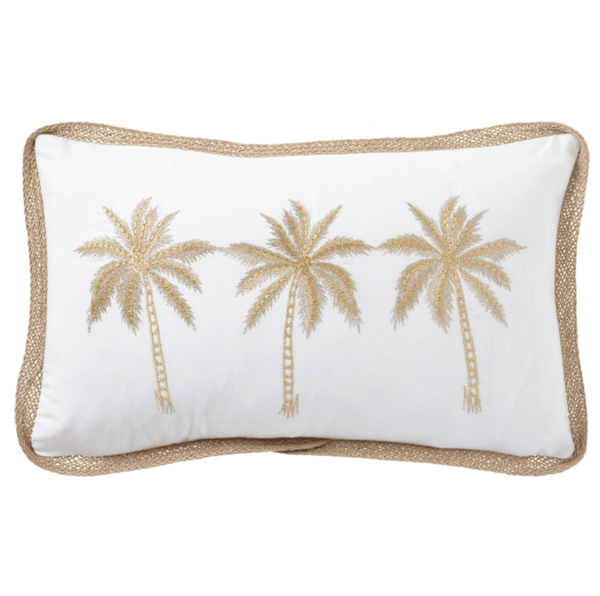 Royal Mirage Palms Lumbar Cushion featuring three embroidered palm trees on a white cotton cushion with natural woven trim edging.