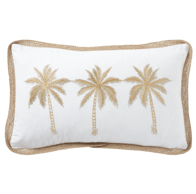 Royal Mirage Palms Lumbar Cushion featuring three embroidered palm trees on a white cotton cushion with natural woven trim edging.