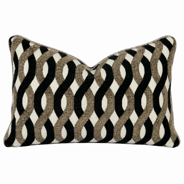 Royale Belmont Lattice lumbar cushion featuring a chenille jacquard weave with black, caramel and ivory geometric pattern.