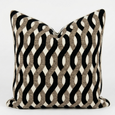 Royale Belmont Lattice 50x50cm square cushion featuring a chenille jacquard weave with black, caramel and ivory geometric pattern and velvet appliqué detailing