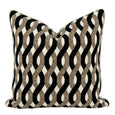 Royale Belmont Lattice 50x50cm square cushion featuring a chenille jacquard weave with black, caramel and ivory geometric pattern and velvet appliqué detailing.
