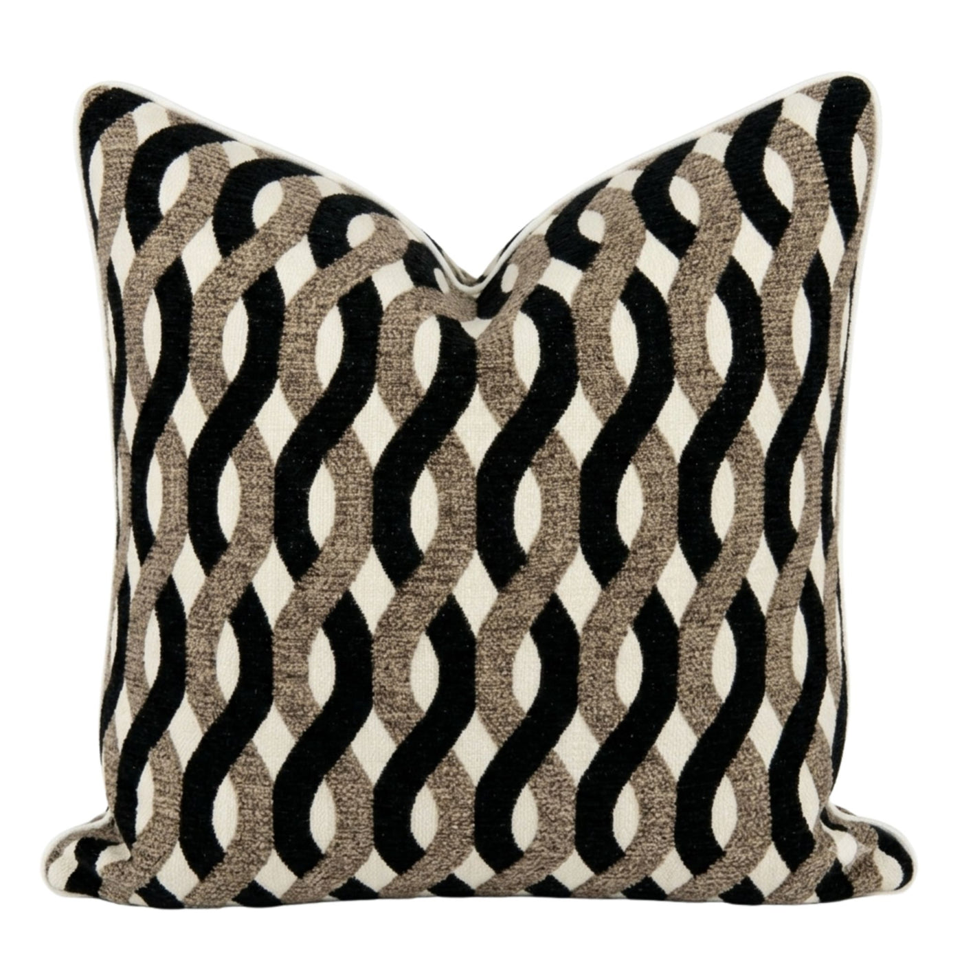 Royale Belmont Lattice 50x50cm square cushion featuring a chenille jacquard weave with black, caramel and ivory geometric pattern and velvet appliqué detailing.