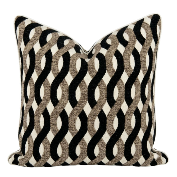 Royale Belmont Lattice 50x50cm square cushion featuring a chenille jacquard weave with black, caramel and ivory geometric pattern and velvet appliqué detailing.