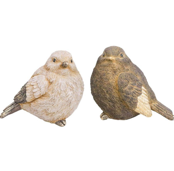 Set of 2 small rustic resin bird figurines in natural tones, measuring 10.5x8x9cm.