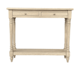 Rustic console table styled in an entryway with decorative accessories, adding warmth, storage and timeless elegance to the home.