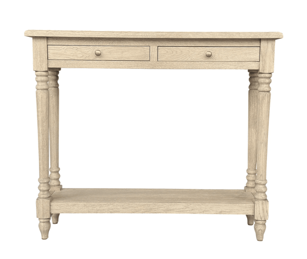 Rustic console table styled in an entryway with decorative accessories, adding warmth, storage and timeless elegance to the home.