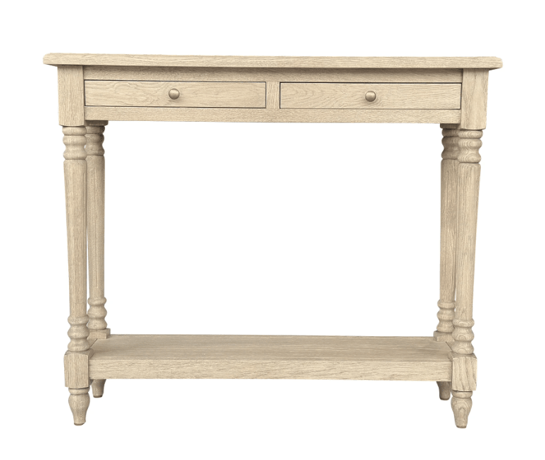 Rustic console table styled in an entryway with decorative accessories, adding warmth, storage and timeless elegance to the home.