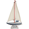 Decorative Sailboat Docks Small with natural fabric sails, timber-look mast, and weathered navy and white coastal finish.