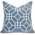 San Diego Ocean Cushion 55cm in soft ocean blue velvet with contrasting white geometric embroidery.