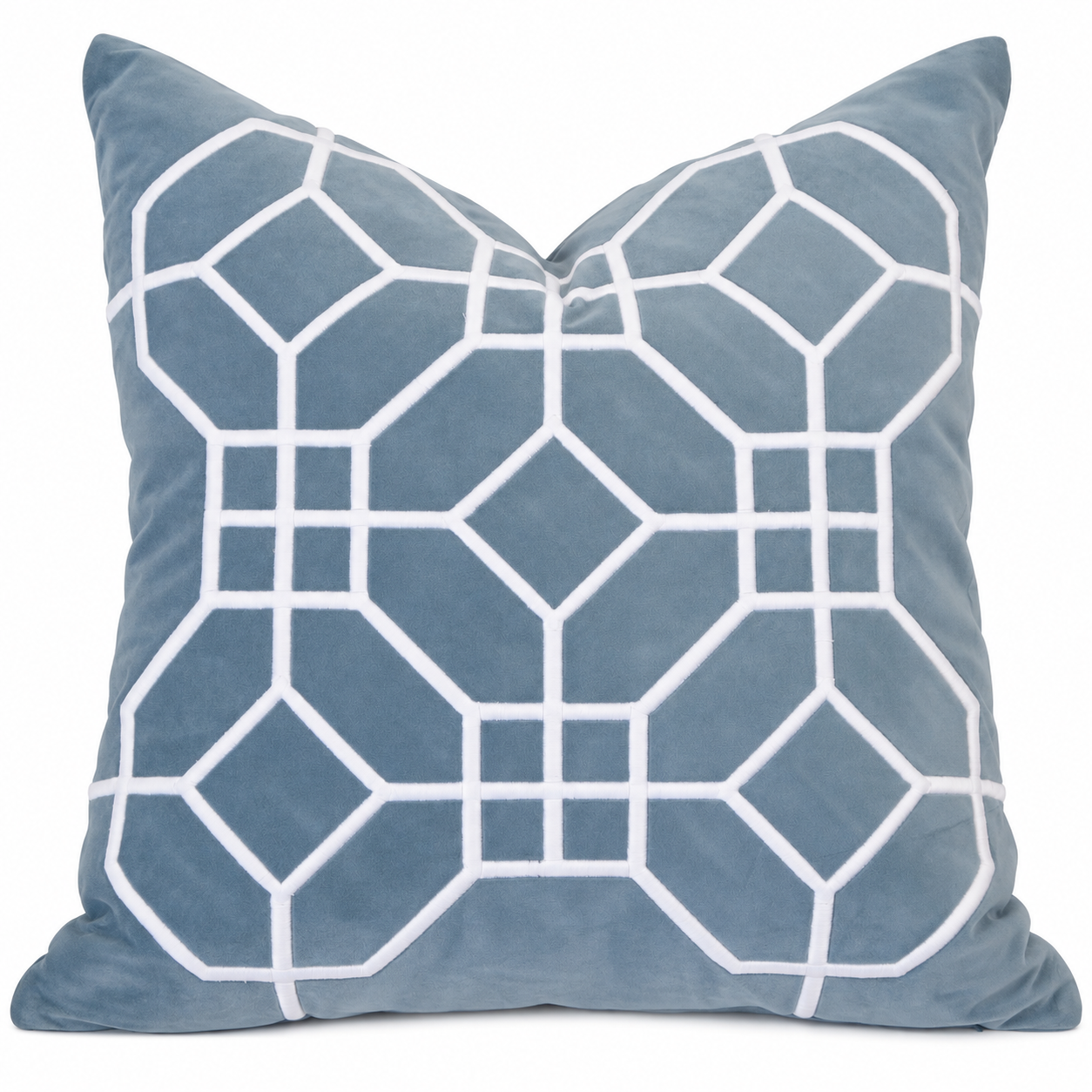 San Diego Ocean Cushion 55cm in soft ocean blue velvet with contrasting white geometric embroidery.