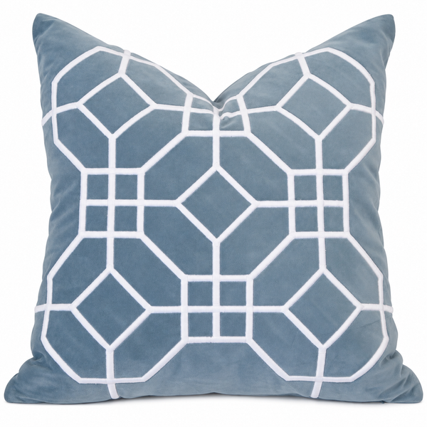 San Diego Ocean Cushion 55cm in soft ocean blue velvet with contrasting white geometric embroidery.