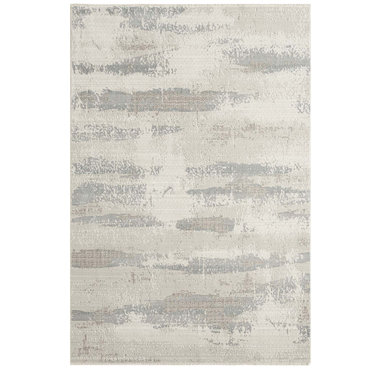 Sandbar Mist Rug featuring an abstract ivory and mist grey design with subtle textured detailing and elegant short fringe.