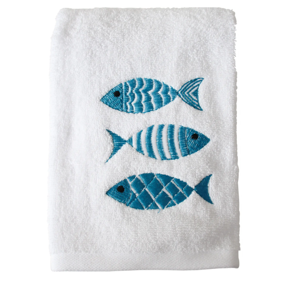 White cotton hand towel with blue embroidered fish design in a coastal Hamptons style