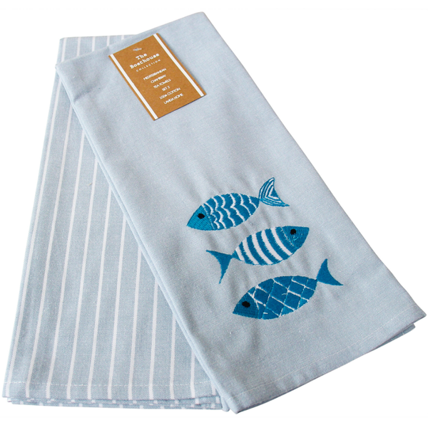 Set of two chambray blue tea towels with white stripe and embroidered fish design in coastal Hamptons style