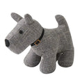 Grey fabric dog door stop with collar, weighted decorative door stopper