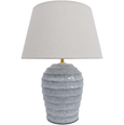 Seabrook Ridge ceramic table lamp with ribbed blue-grey base and linen shade styled in a coastal living room
