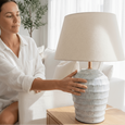 Close-up of Seabrook Ridge table lamp textured ceramic base with glossy blue-grey glaze
