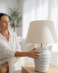 Close-up of Seabrook Ridge table lamp textured ceramic base with glossy blue-grey glaze
