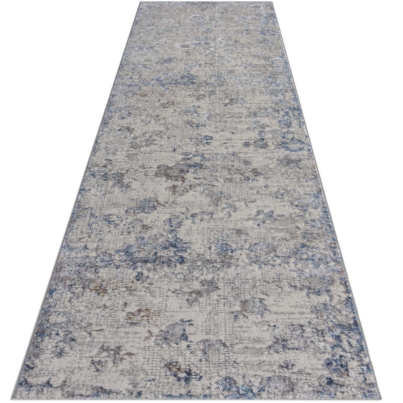 Seacliff Mist Runner featuring a soft abstract floral design in ivory, mist blue, warm stone and light grey, ideal for hallways and entryways.
