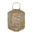Natural woven seagrass lantern with carry handle and internal glass candle holder for relaxed coastal home styling.
