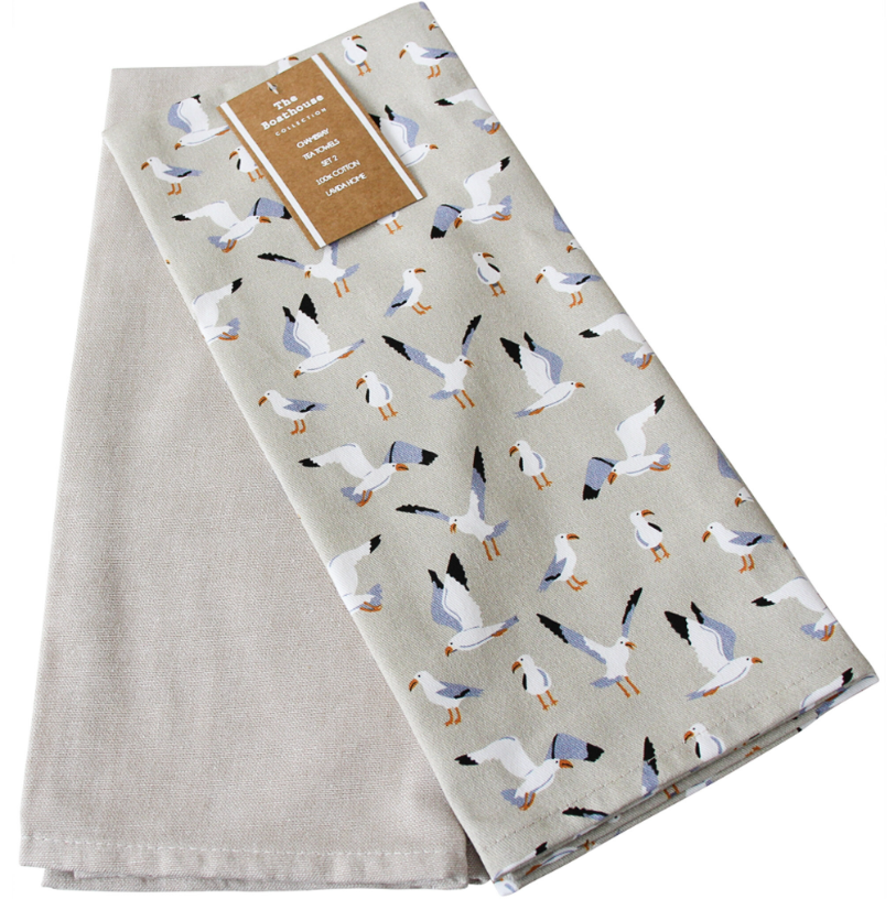 Seagull Tea Towels Set of 2 in soft beige cotton with coastal seagull print