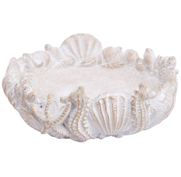 Seaside Bird Bath made from whitewashed cement with shell, coral, starfish, and seahorse details, 27x27x9cm coastal garden decor.