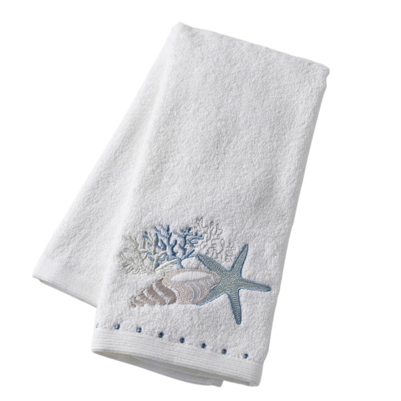 white seaside embroidered hand towel with blue starfish, shell and coral detail, soft cotton towel for coastal bathroom styling in Hamptons style home decor