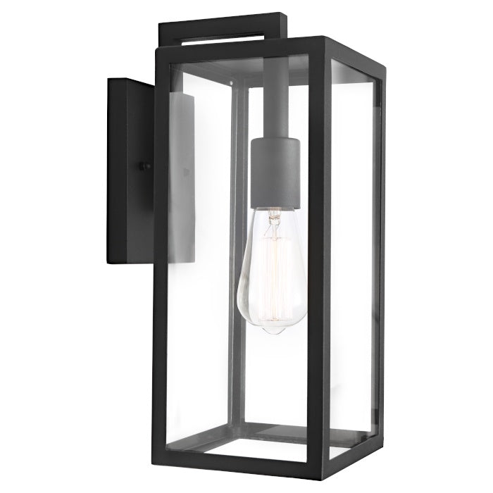 Sedona Exterior Wall Light Black with tall geometric metal frame, clear glass panels and decorative globe.