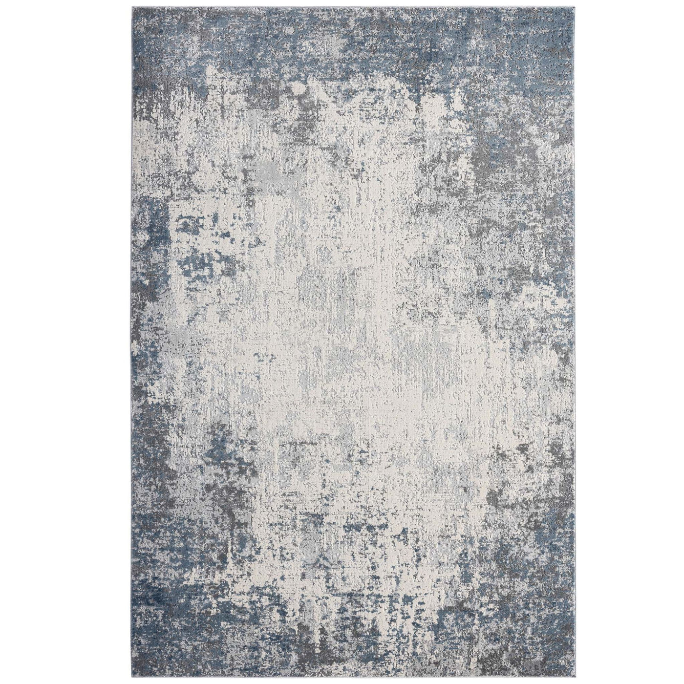 Shoreline Haze Rug featuring an abstract ivory, soft grey and coastal blue design with a sculpted textured finish.
