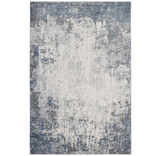 Shoreline Haze Rug featuring an abstract ivory, soft grey and coastal blue design with a sculpted textured finish.