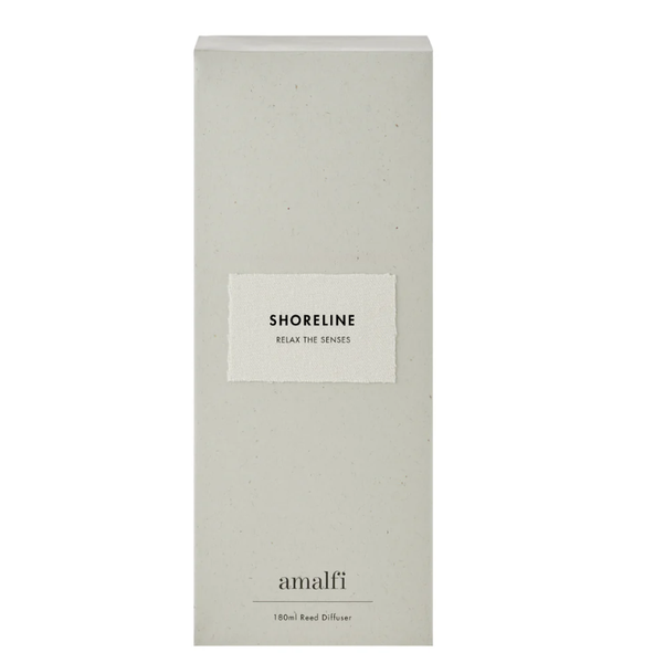 Shoreline scented diffuser packaging in white with minimalist label