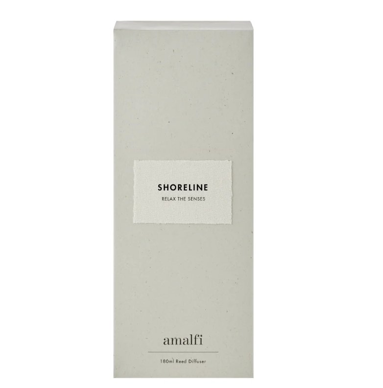 Shoreline scented diffuser packaging in white with minimalist label