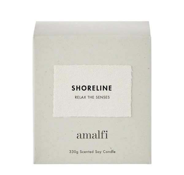 Shoreline soy wax candle packaging in soft white with minimalist label