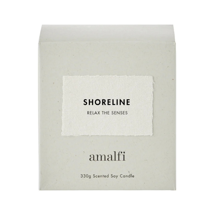 Shoreline soy wax candle packaging in soft white with minimalist label