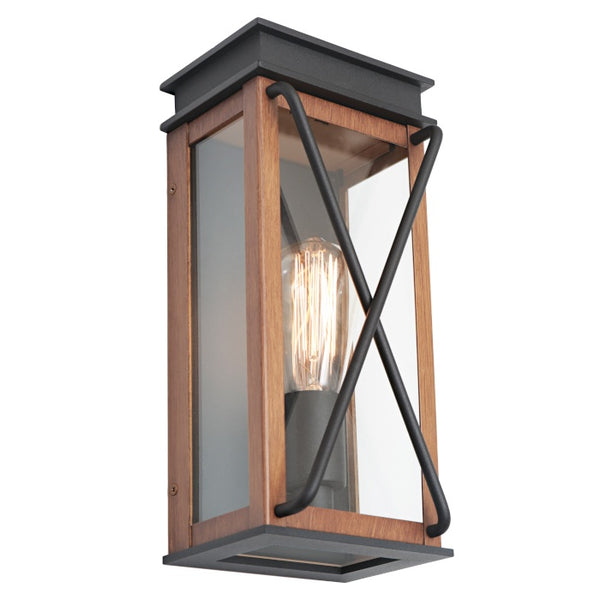 Sicily Exterior Wall Light in black and timber-look finish with clear glass panels and decorative cross-braced frame.