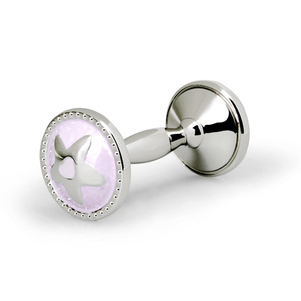 Silver Plated Pink Star Dumbbell Baby Rattle featuring polished silver ends, soft pink enamel, raised star motif and decorative beaded edging.