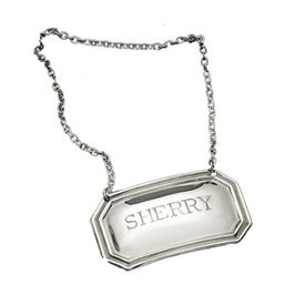 Silver plated decanter label engraved Sherry with classic reed edge design and chain