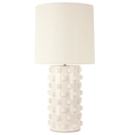 Smith ceramic table lamp with off-white crackled glaze finish and off-white linen drum shade.