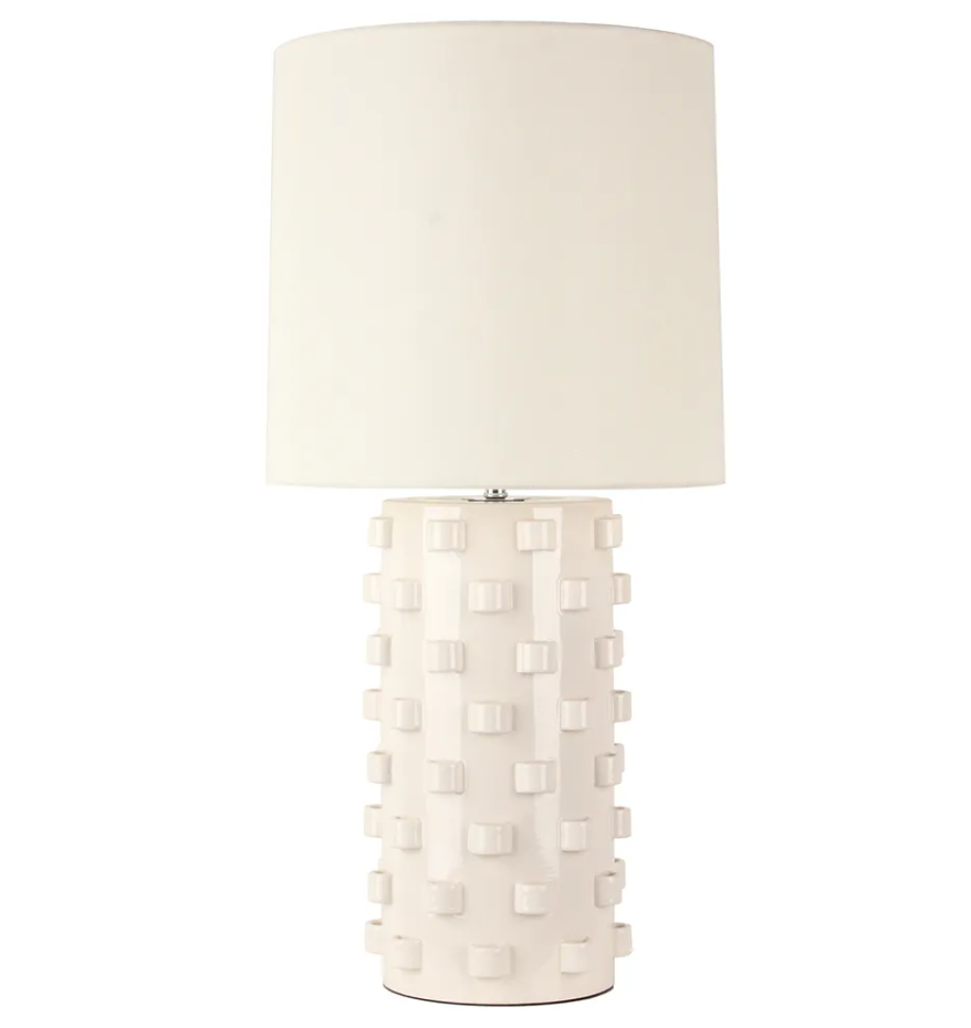 Smith ceramic table lamp with off-white crackled glaze finish and off-white linen drum shade.
