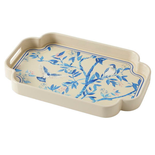 Cream decorative tray with blue songbird and floral illustration, rectangular with curved edges and side handles.