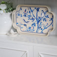 Songbird Serving Tray Cream styled on a white Hamptons cabinet alongside floral décor and ceramic accessories
