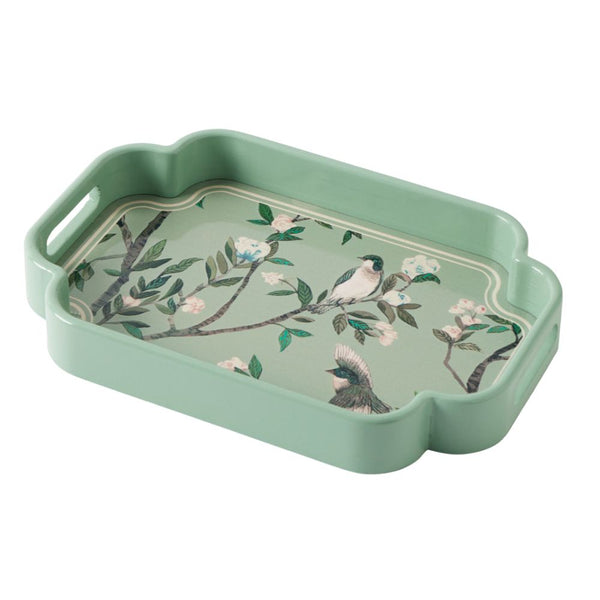 Green Songbird Tray with curved edges and handles, featuring delicate bird and floral illustrations.